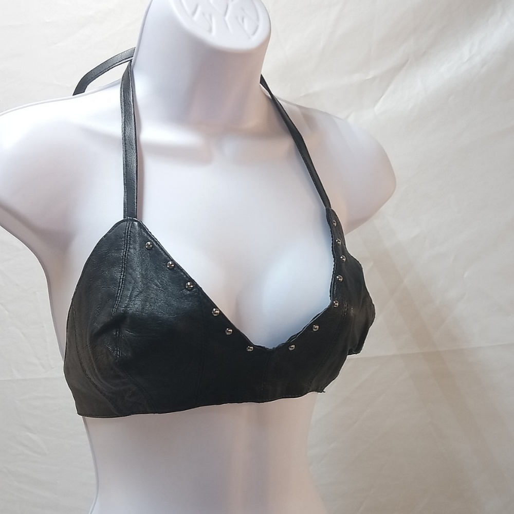 Genuine Leather Bikini Top Studded Black NWOT - Picture 3 of 7